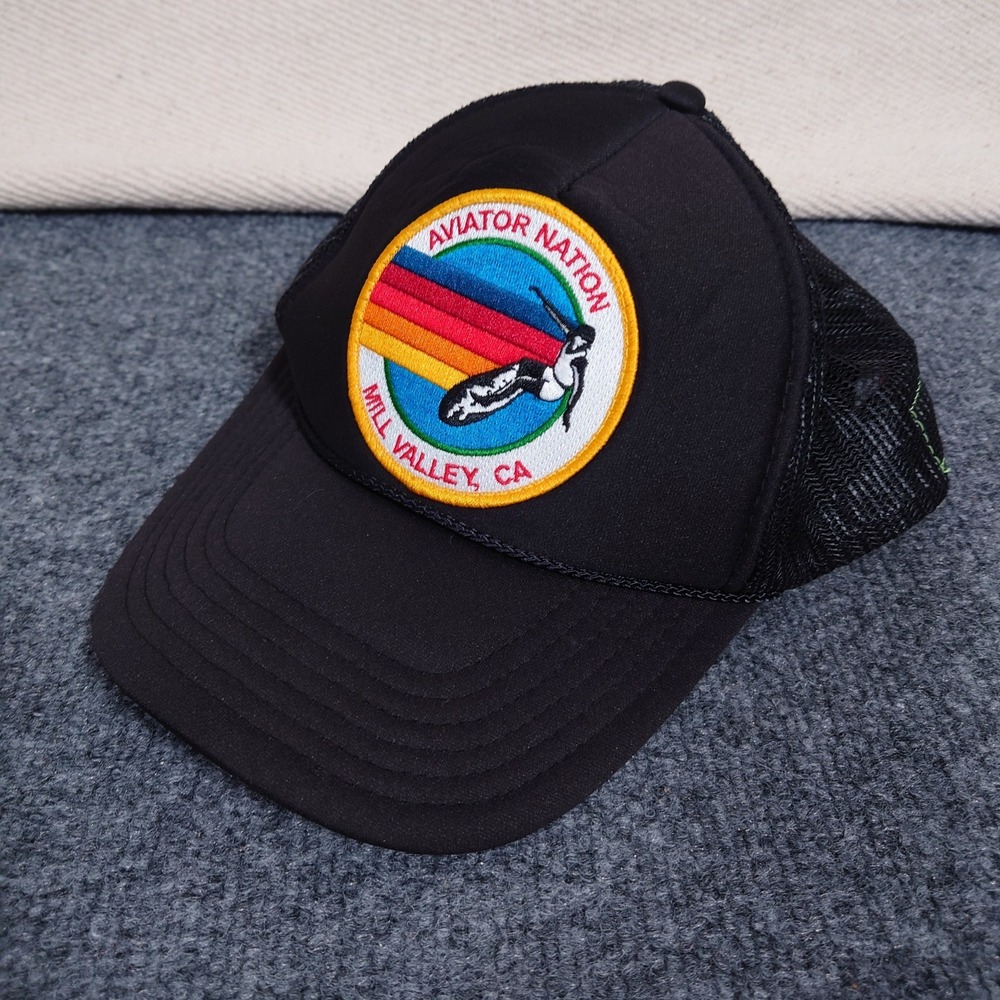 AVIATOR NATION Mill Valley California Surfer Logo Trucker Hat Cap SnapBack Black